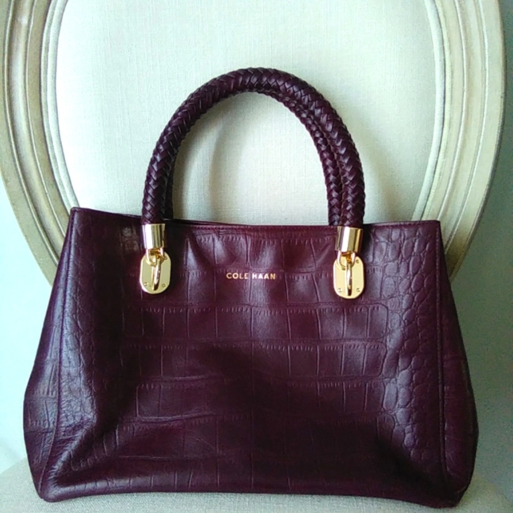 Cole Haan leather burgundy plum mock croc small tote EUC